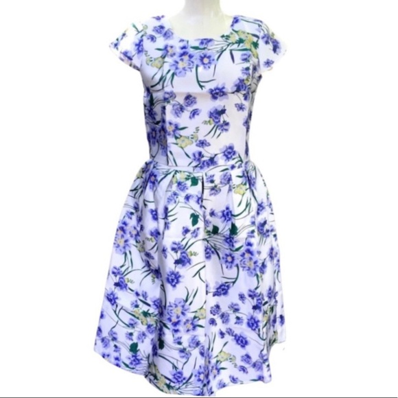 Dresses & Skirts - Blue violet floral white 2 pc cap sleeve crop top & full skirt set S M L NWT